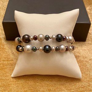Rich Multi-colored Two-strand Pearl Stretch Bracelet, 6"-9"